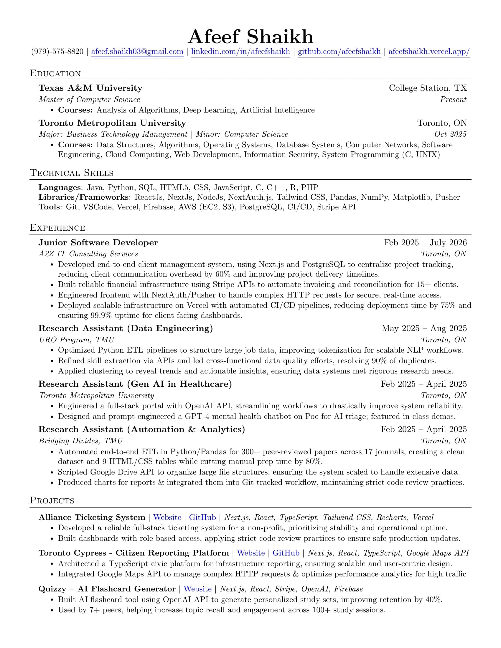 Preview of Afeef Shaikh's one-page resume